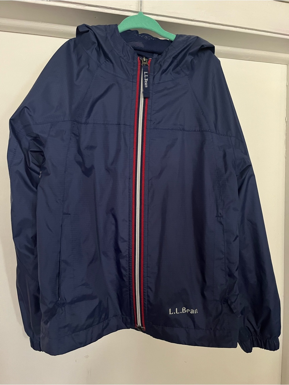L.L. Bean Navy Hooded Kids Rain Jacket with Red & White Trim